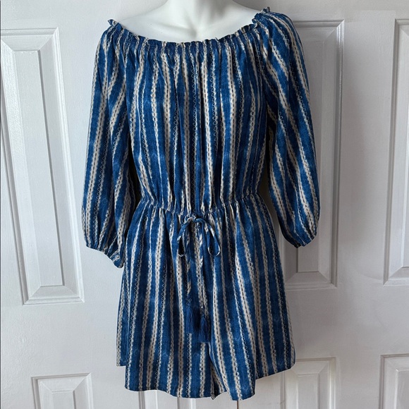 Lush Dresses & Skirts - Blue and White Striped Off-Shoulder Romper Dress